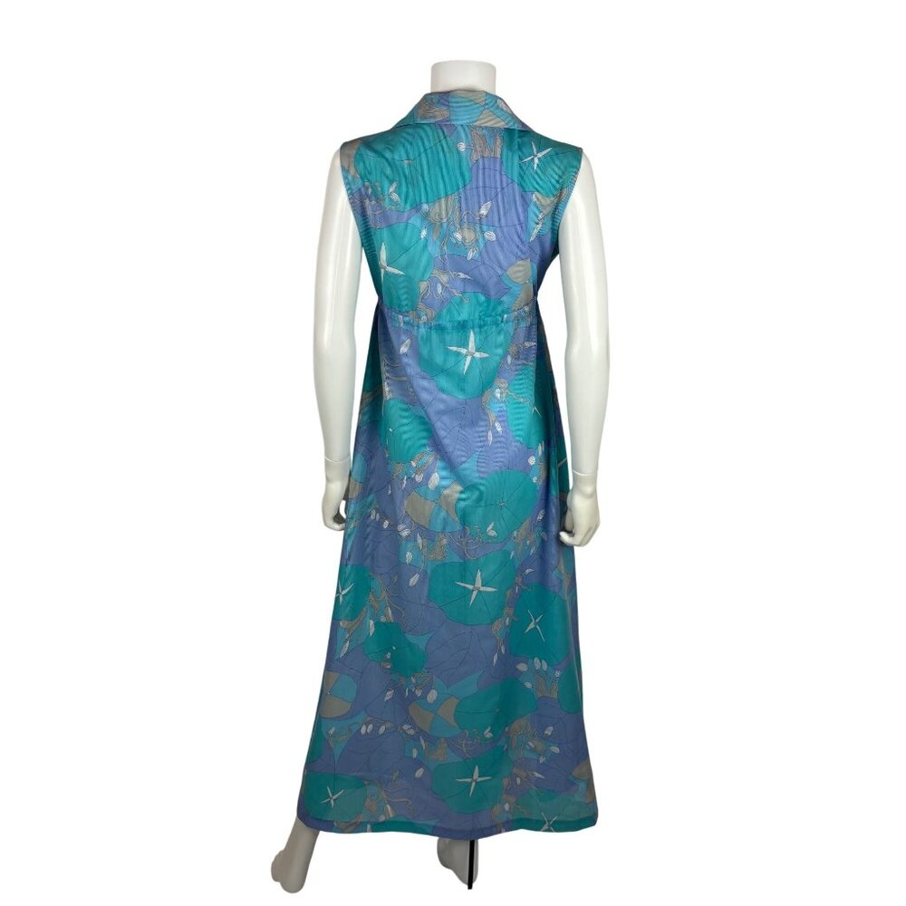 Vintage 70s Maxi Dress Womens Medium Trippy Aqua Lavender Tropical Empire Waist - Picture 11 of 13